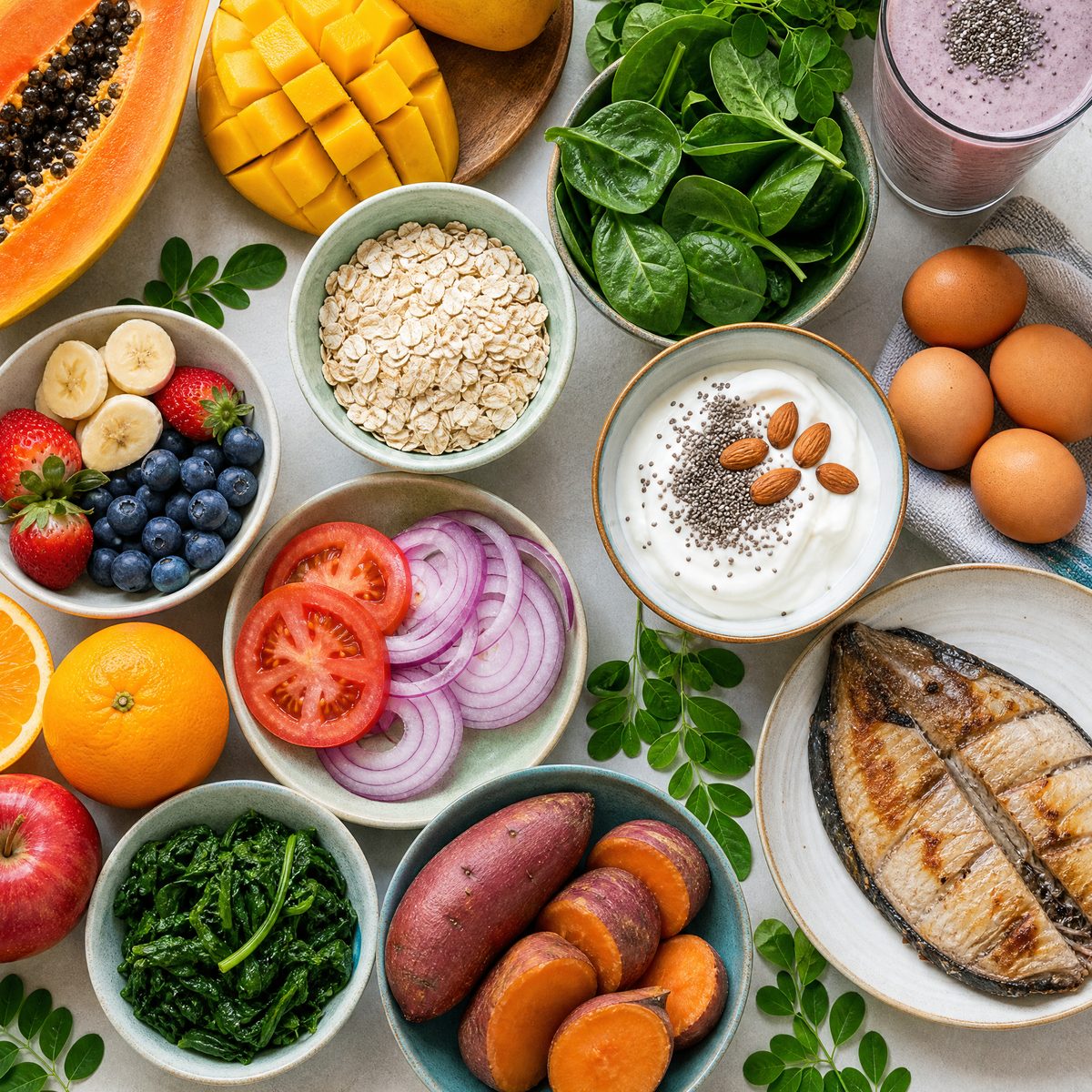 An overhead spread of the plan's food: papaya, mango, berries and orange; malunggay and spinach; rolled oats, Greek yogurt with chia and almonds; eggs, sweet potato, tomato and onion; a grilled fish fillet and a berry smoothie.